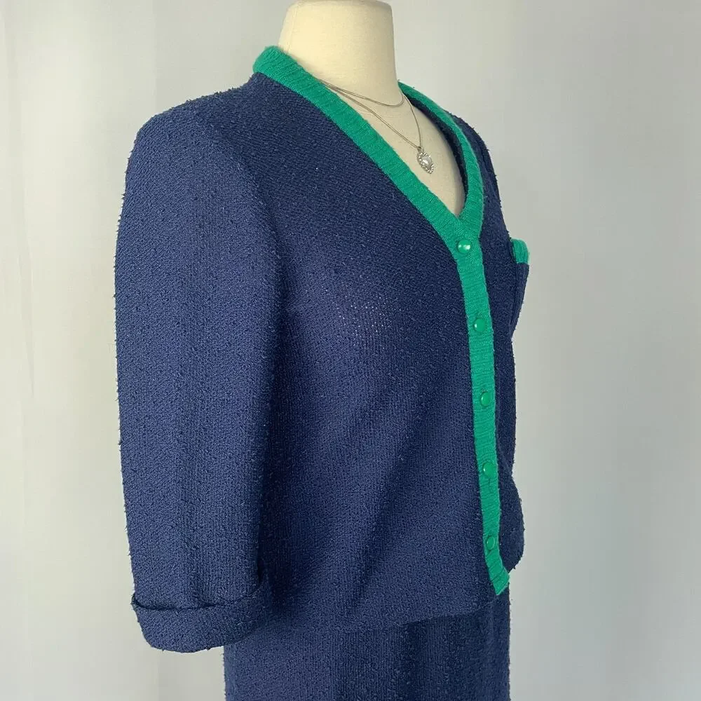 Vintage Skirt Set Size Small Navy Blue Knit Cardigan Retro Minimal Academia Twee